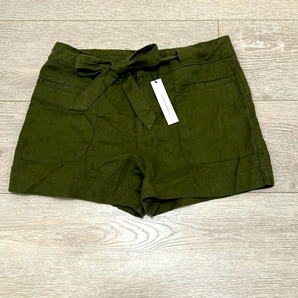 Sanctuary Army Green Linen Shorts with zipper, buttons, and tie waist.  Relaxed